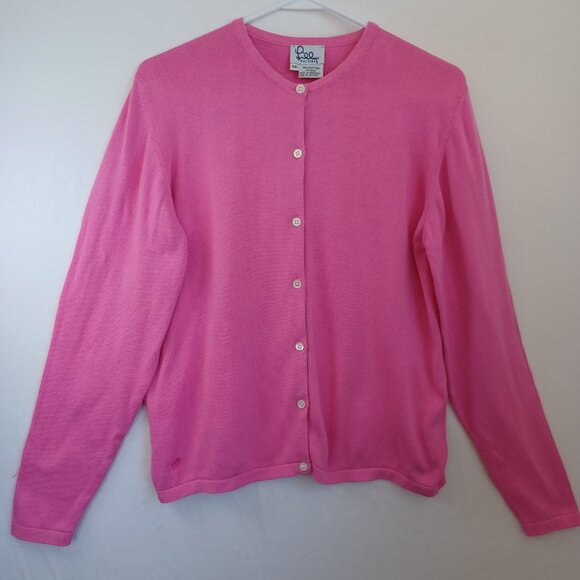 Lilly Pulitzer Cardigan Pink Button Front Classic Embroidered Palm Tree Size Med - Picture 2 of 10